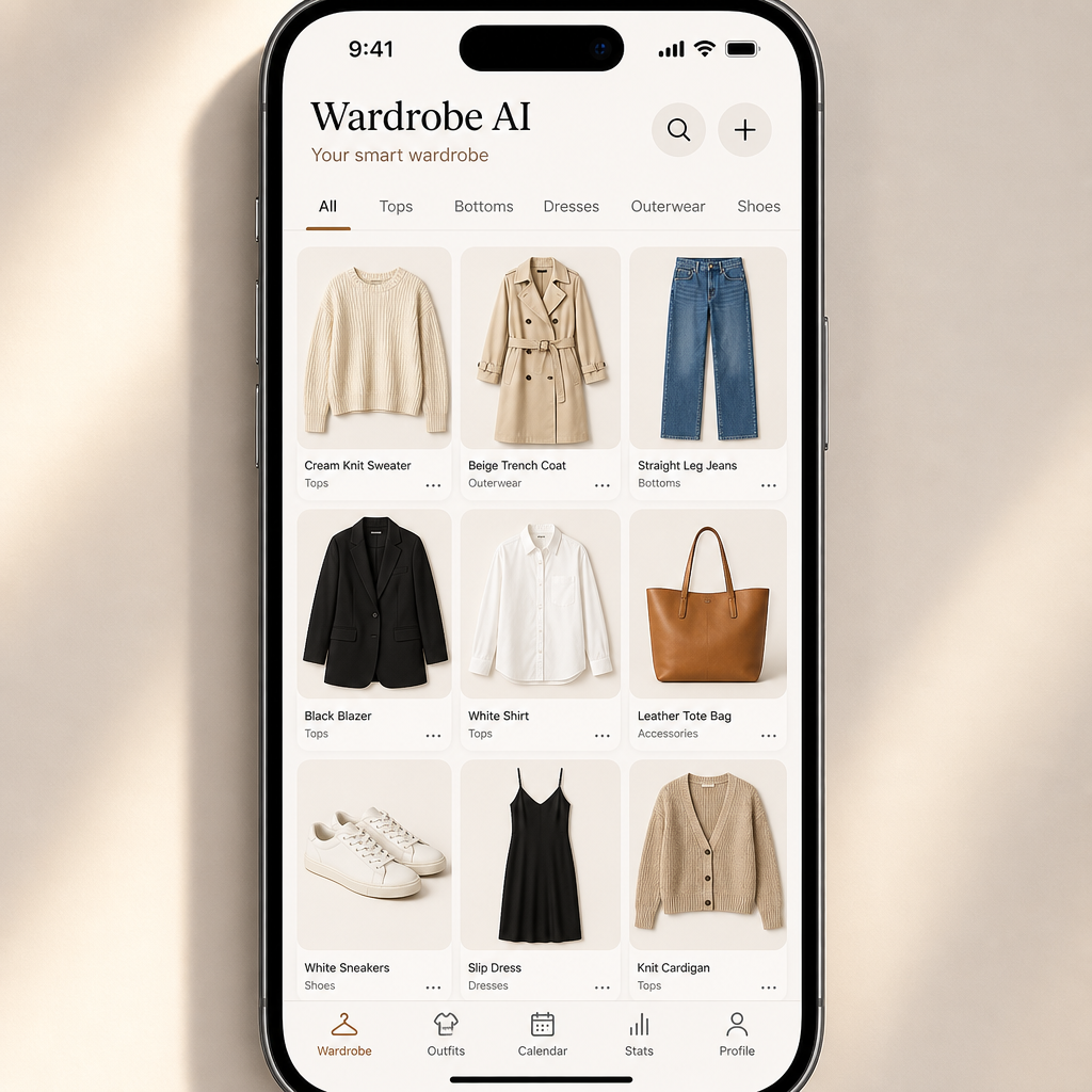 Wardrobe AI app showcasing a digital wardrobe catalog